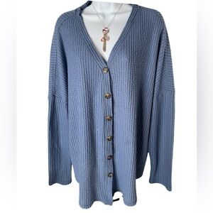 Umgee Blue Button-Up Cardigan, Dolmen Sleeves, VNeck Cotton Blend 
Sz L